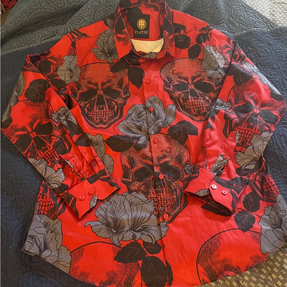 Men’s Platini Red Skull and Floral Blinged Button-Up Shirt Sz Lg